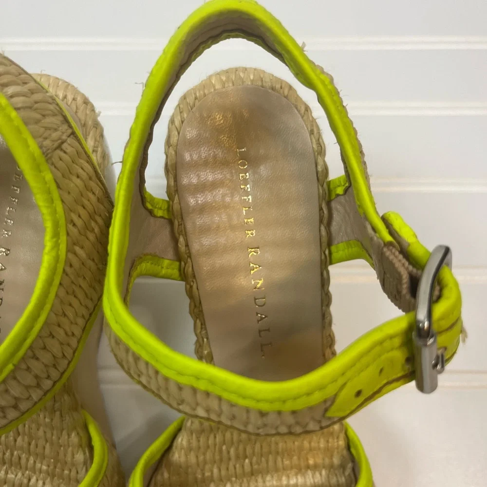 Loeffler Randall 5.5B Wedge Sandals Neon Trim Raffia Straw Peep Toe‎ Shoes